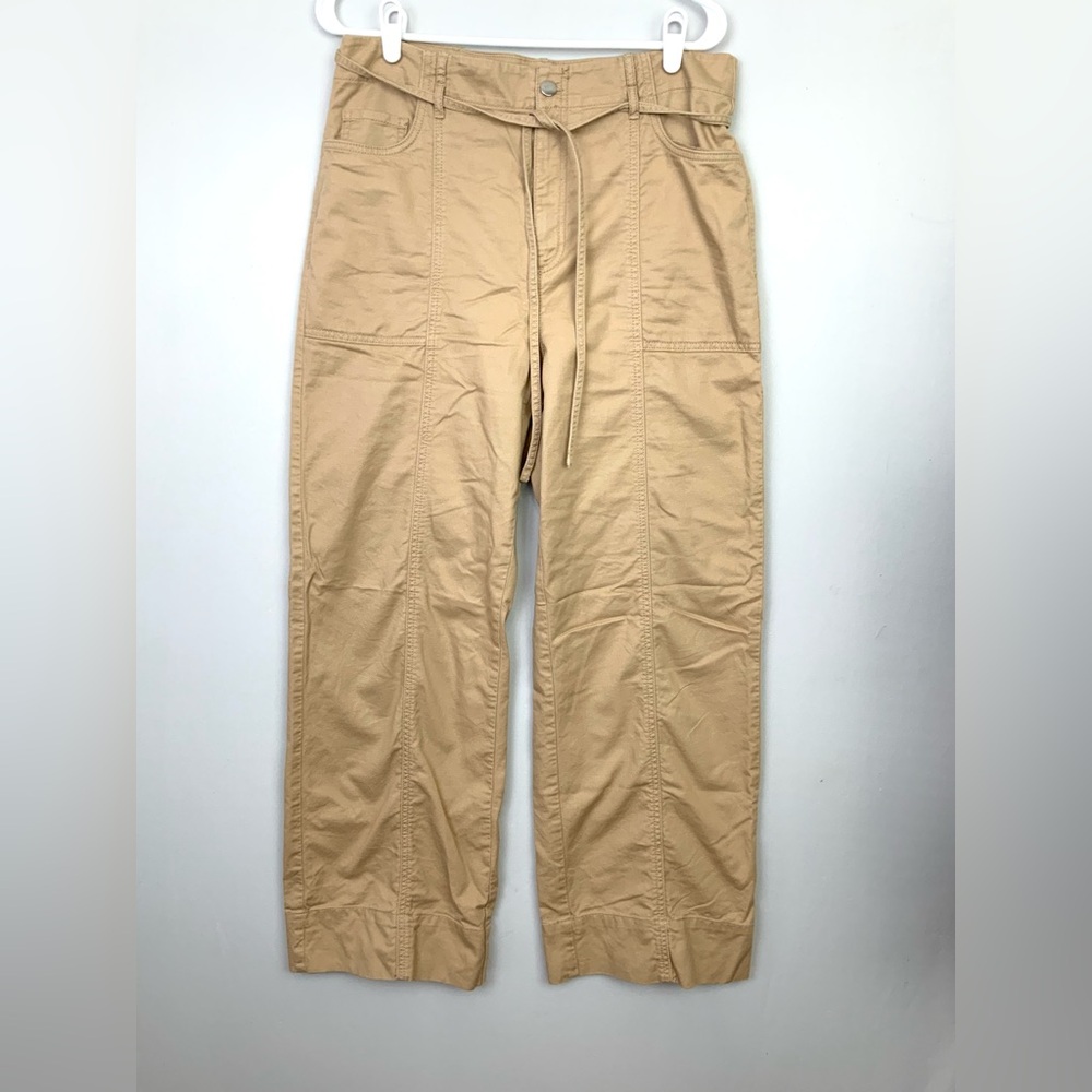 LOFT Sz 10 High Rise Belted Wide Leg Stovepipe Twill Khaki Trousers Pants